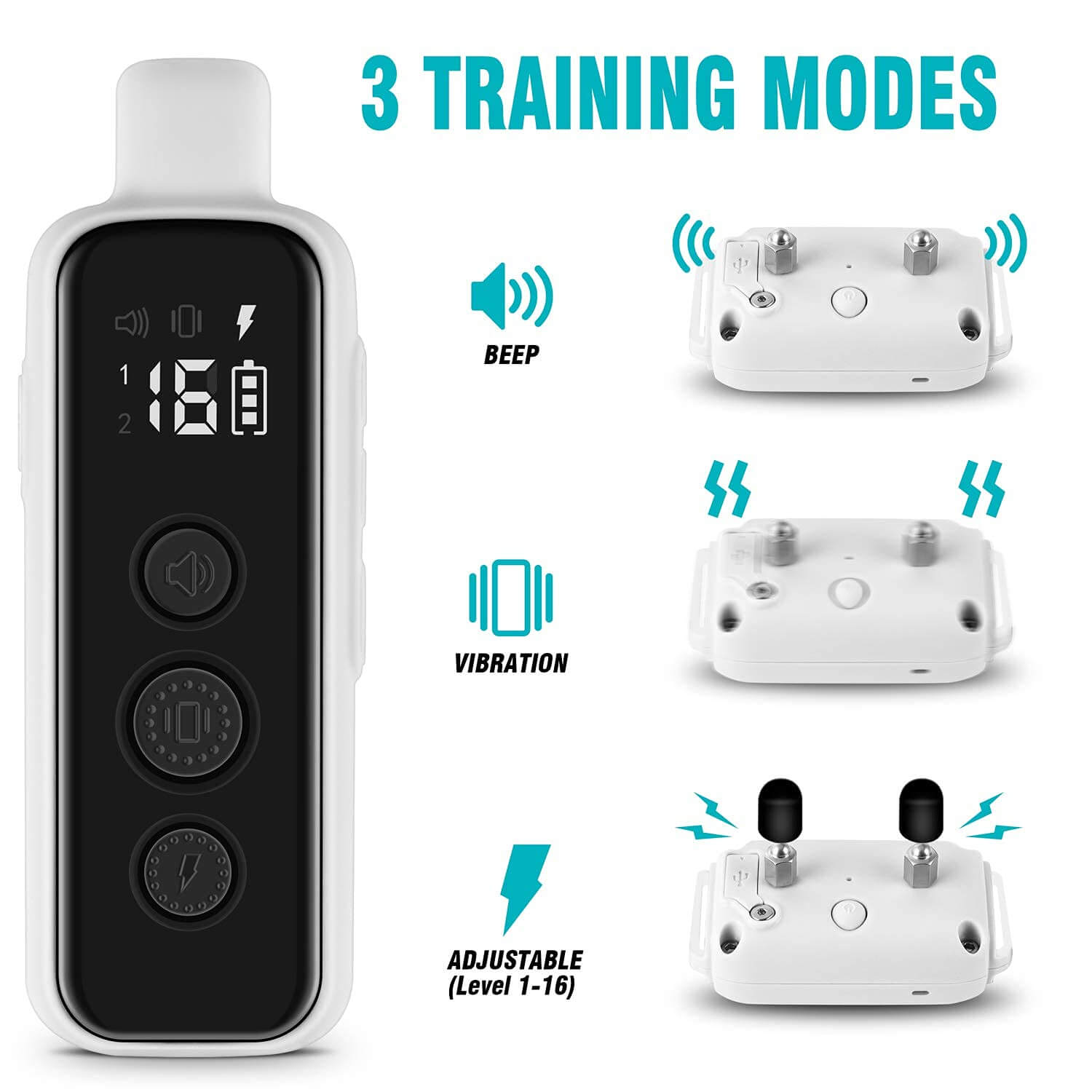 3 Training Modes: Beep, Vibration, and Humane Static Shock