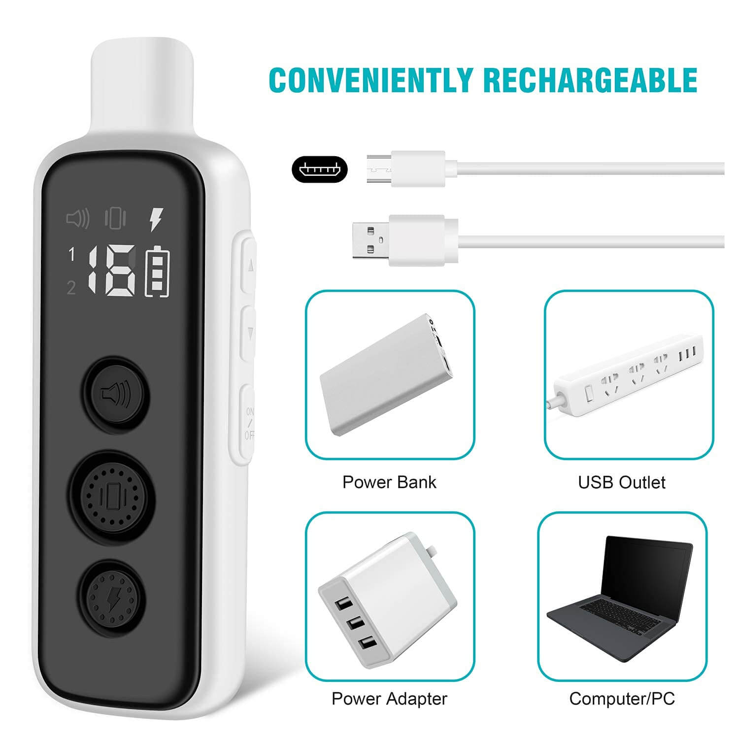 Package includes remote, receiver collar, USB charging cable, and user manual