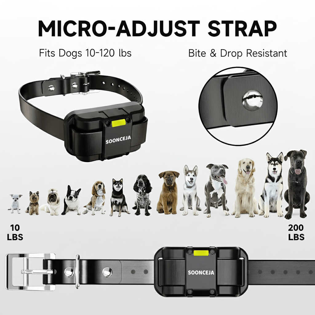 Micro-Adjust Strap of SOONCEJA Dog Training Collar - Fits Small to Large Dog Breeds (5-100 lbs)
