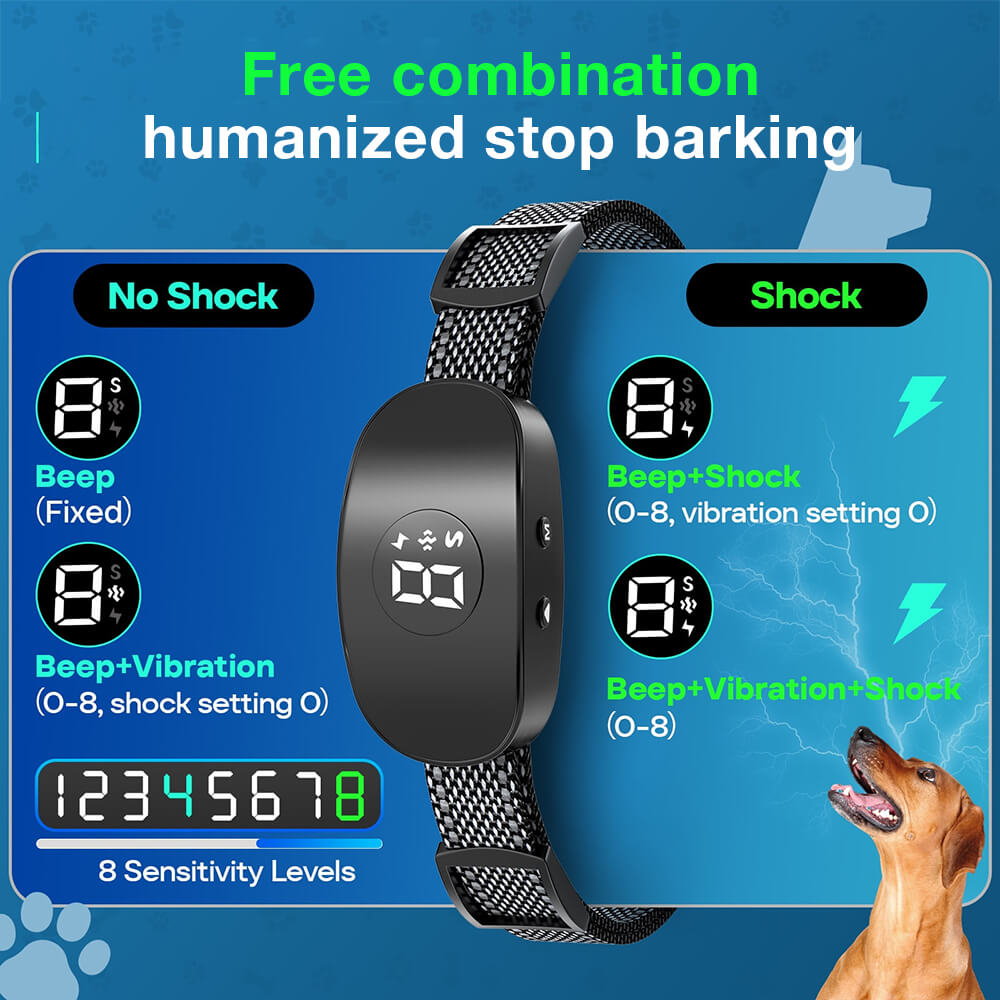 Humane Stop Barking Modes: No Shock (Beep/Vibration) and Safe Shock (Beep/Vibration/Static) with 8 sensitivity levels