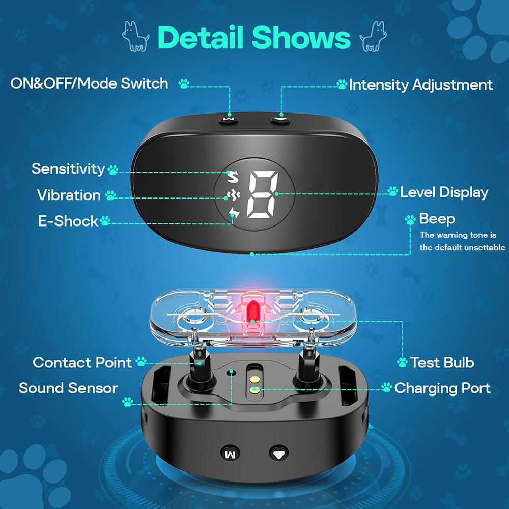 Detail view of SOONCEJA Anti-Bark Collar, showing sound sensor, contact points, and test bulb
