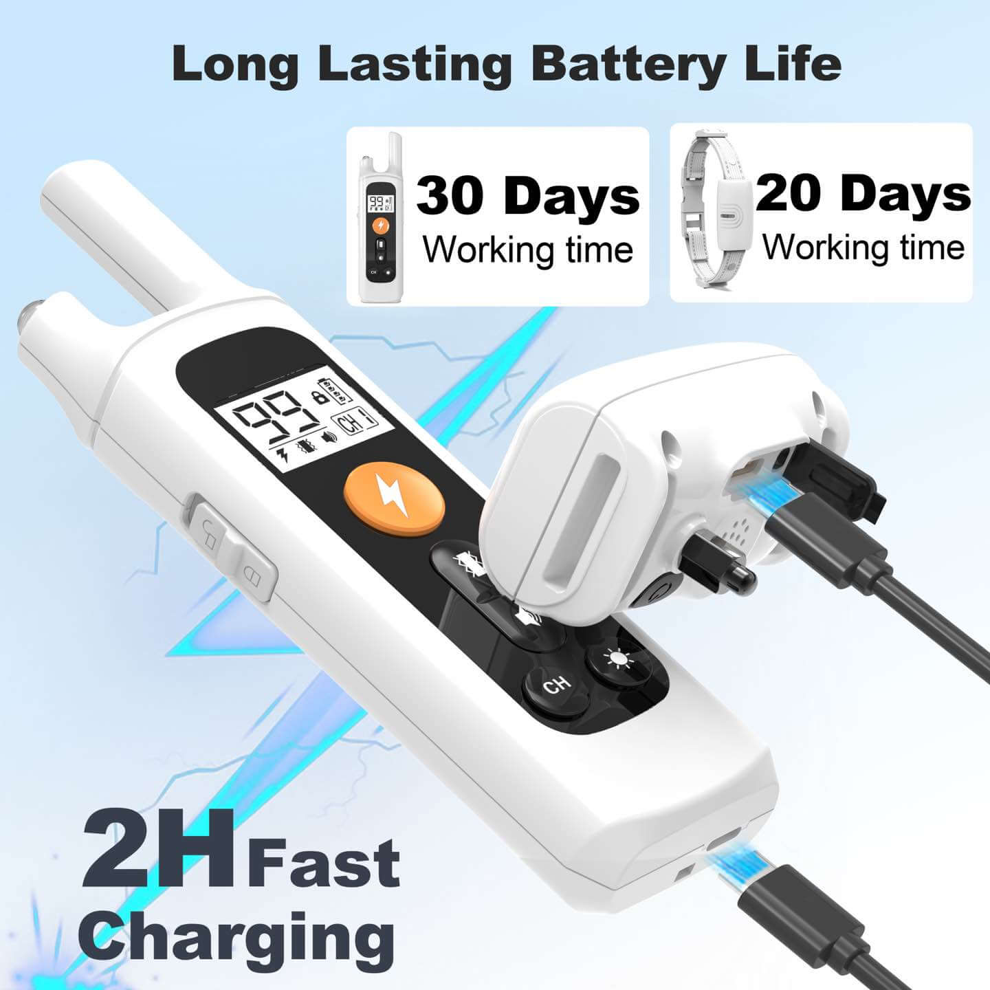 Long-Lasting Battery: Remote lasts 30 days, collar lasts 20 days, with 2-hour fast charging
